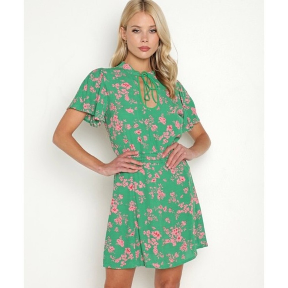 Rue Stiic Belle‎ Mini Dress Vive La Fleur Green & Pink Neck Tie